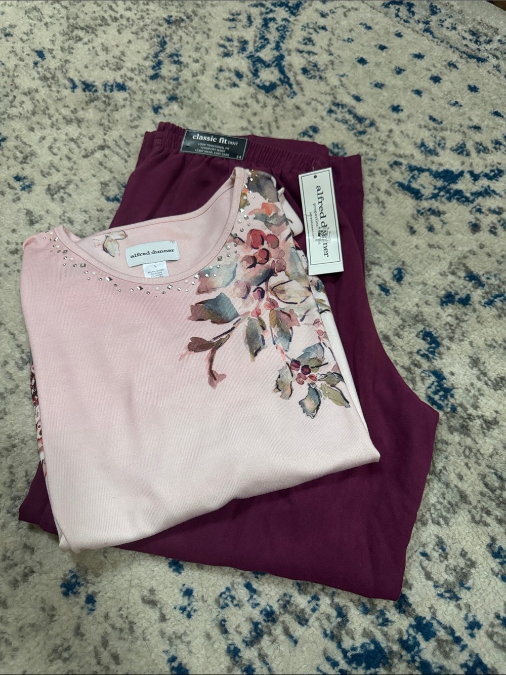 Alfred Dunner Light Pink Floral Top with Plum Pants Set